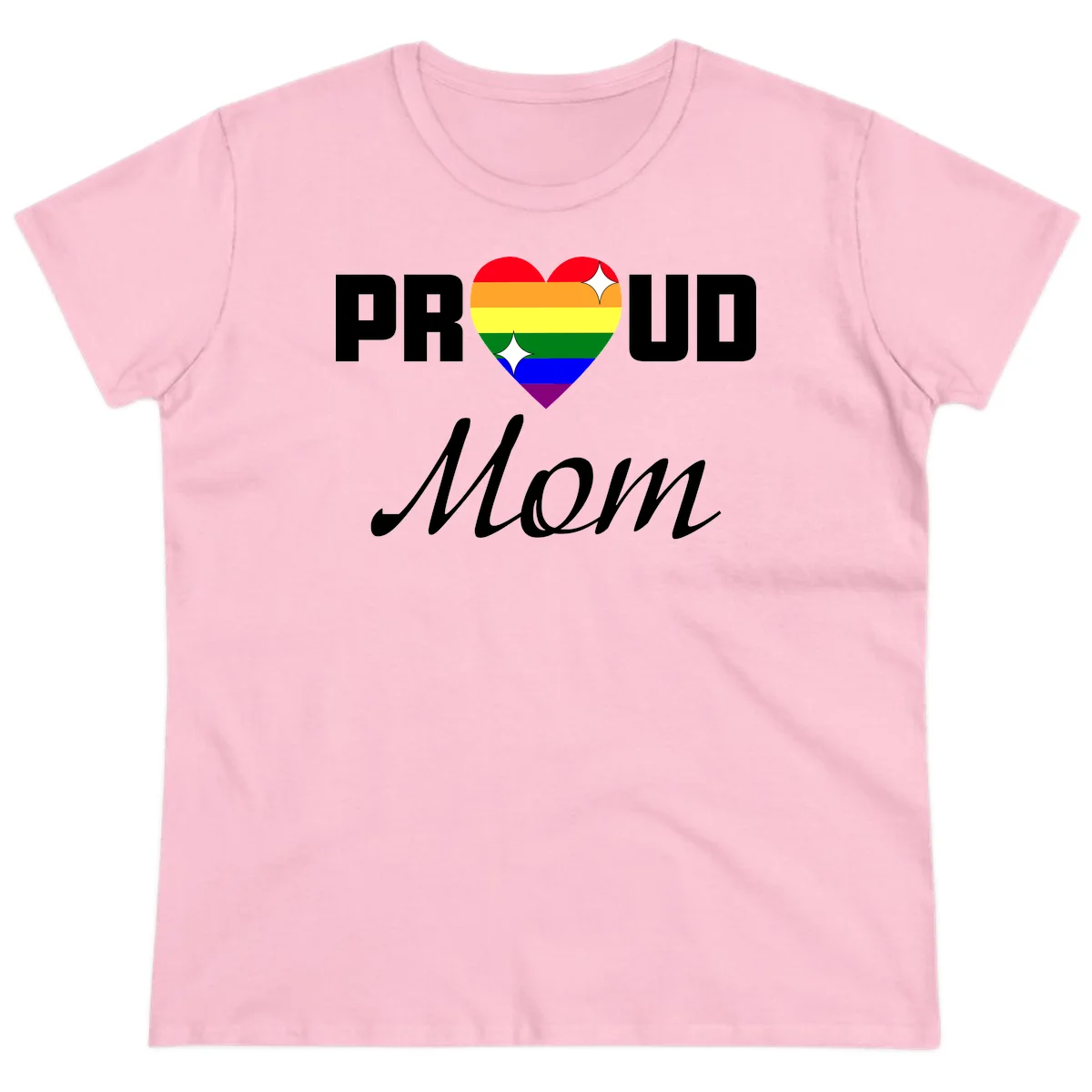 Proud Mom rainbow heart design with colorful pride flag stripes forming a heart shape and text reading Proud Mom in Light Pink