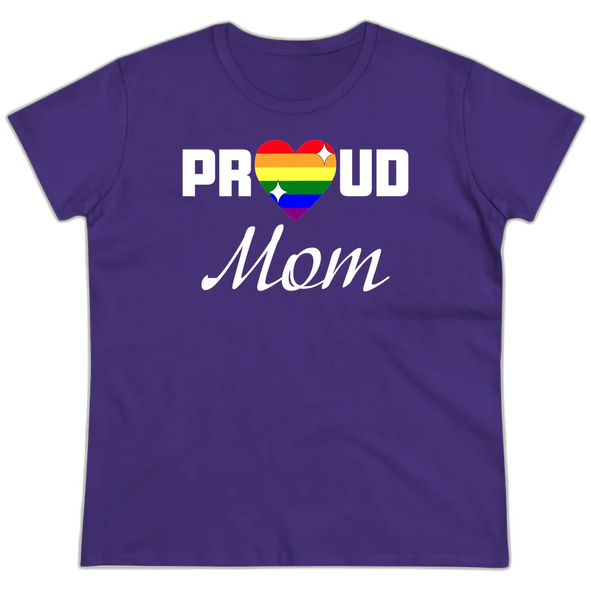 Proud Mom rainbow heart design with colorful pride flag stripes forming a heart shape and text reading Proud Mom in Purple