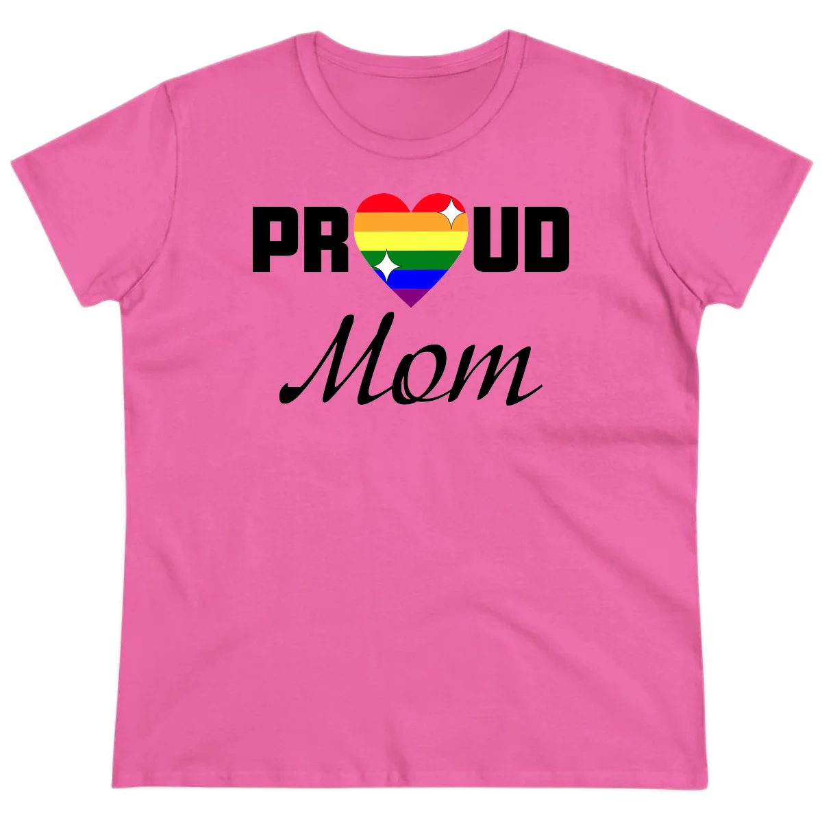 Proud Mom rainbow heart design with colorful pride flag stripes forming a heart shape and text reading Proud Mom in Azalea
