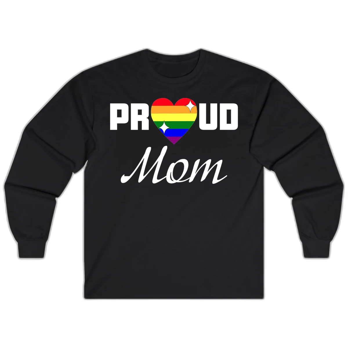 Proud Mom rainbow heart design with colorful pride flag stripes forming a heart shape and text reading Proud Mom in Black