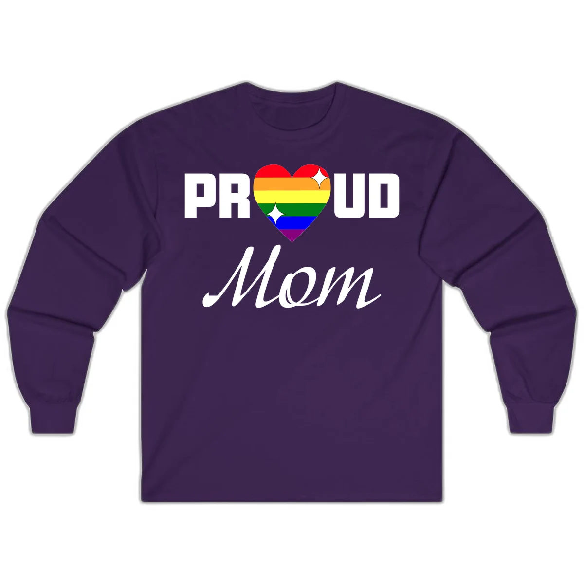 Proud Mom rainbow heart design with colorful pride flag stripes forming a heart shape and text reading Proud Mom in Purple