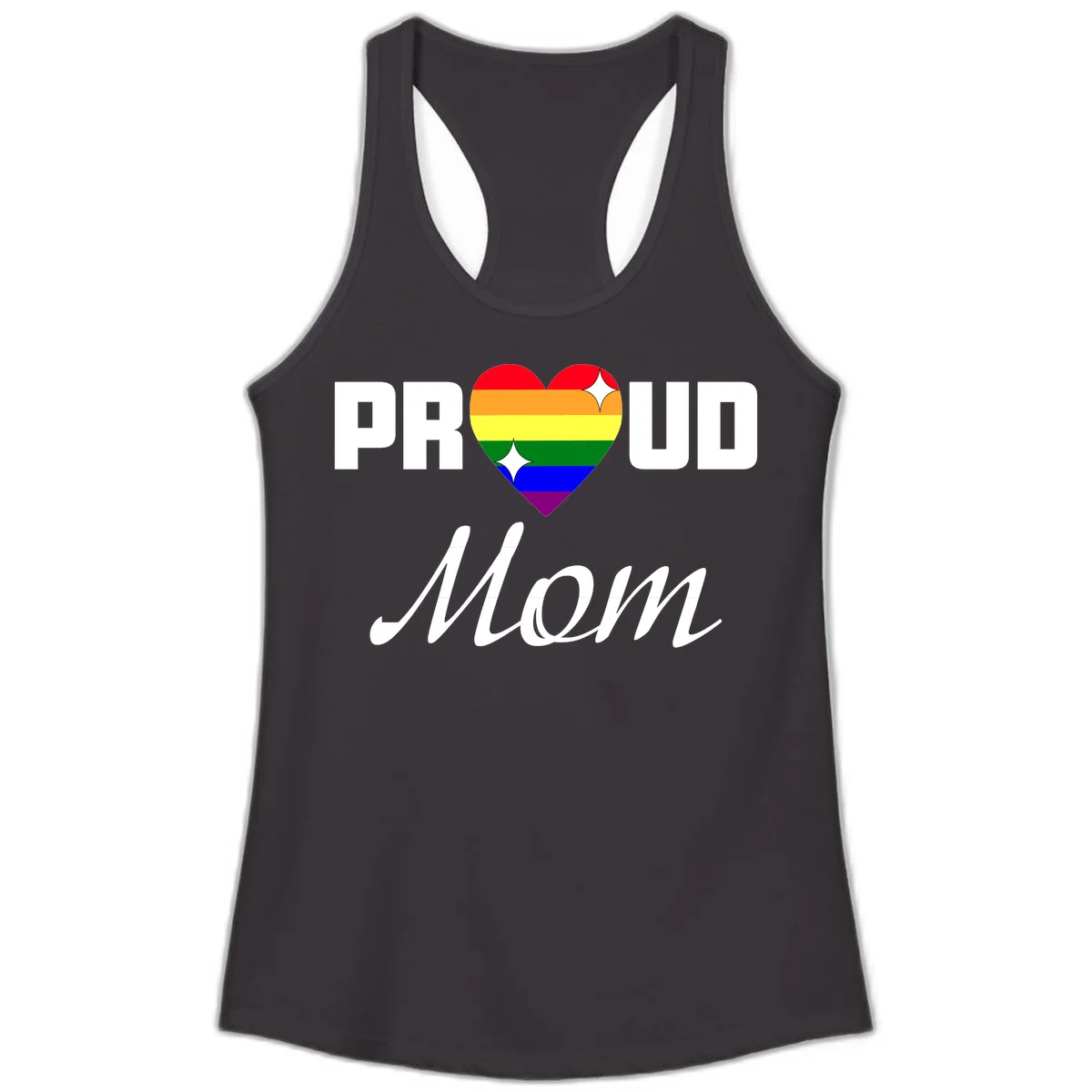 Proud Mom rainbow heart design with colorful pride flag stripes forming a heart shape and text reading Proud Mom in Black