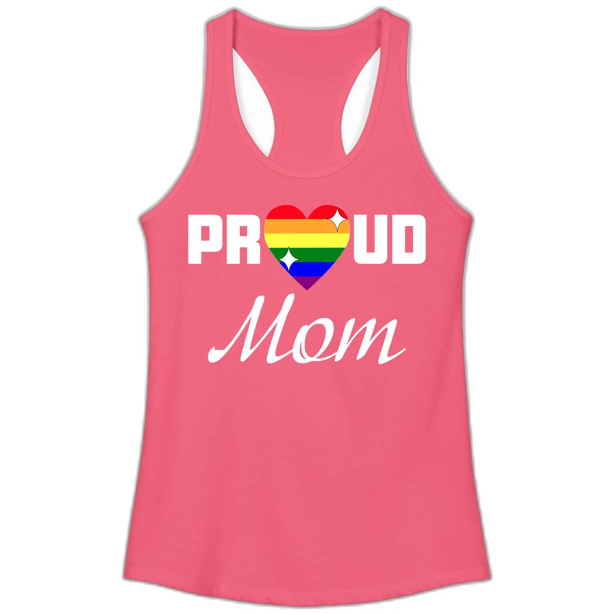 Proud Mom rainbow heart design with colorful pride flag stripes forming a heart shape and text reading Proud Mom in Hot Pink