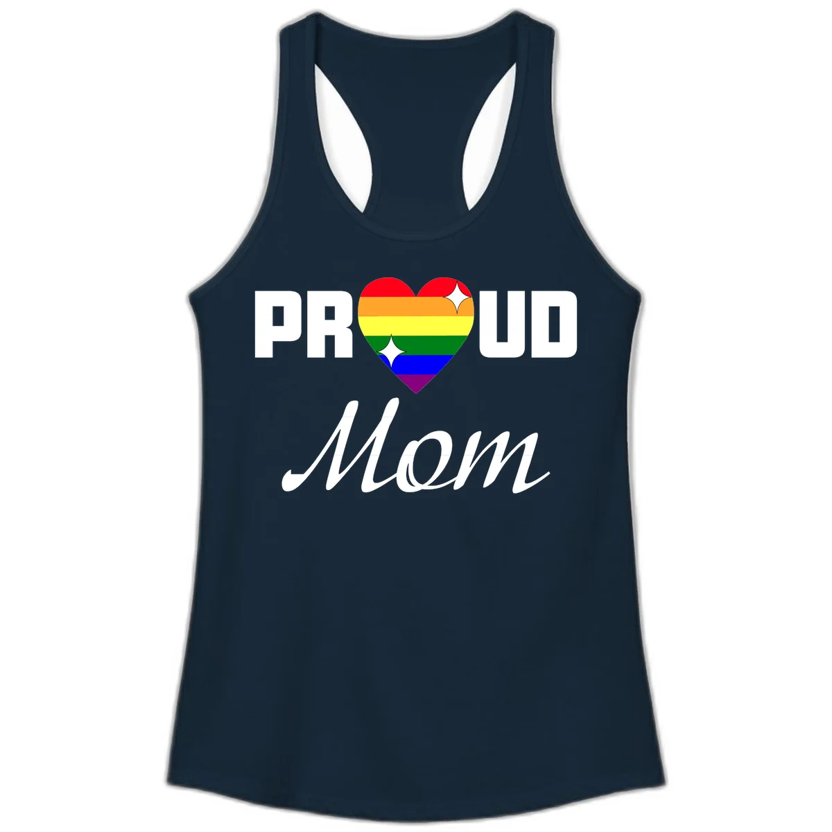Proud Mom rainbow heart design with colorful pride flag stripes forming a heart shape and text reading Proud Mom in Solid Midnight Navy