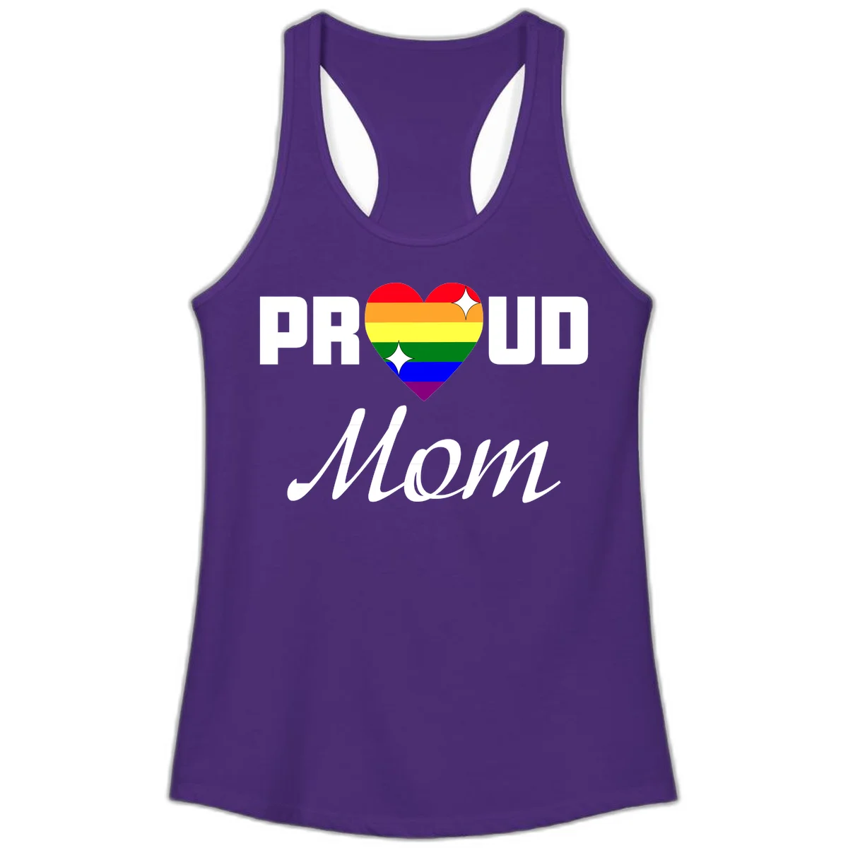 Proud Mom rainbow heart design with colorful pride flag stripes forming a heart shape and text reading Proud Mom in Solid Purple Rush