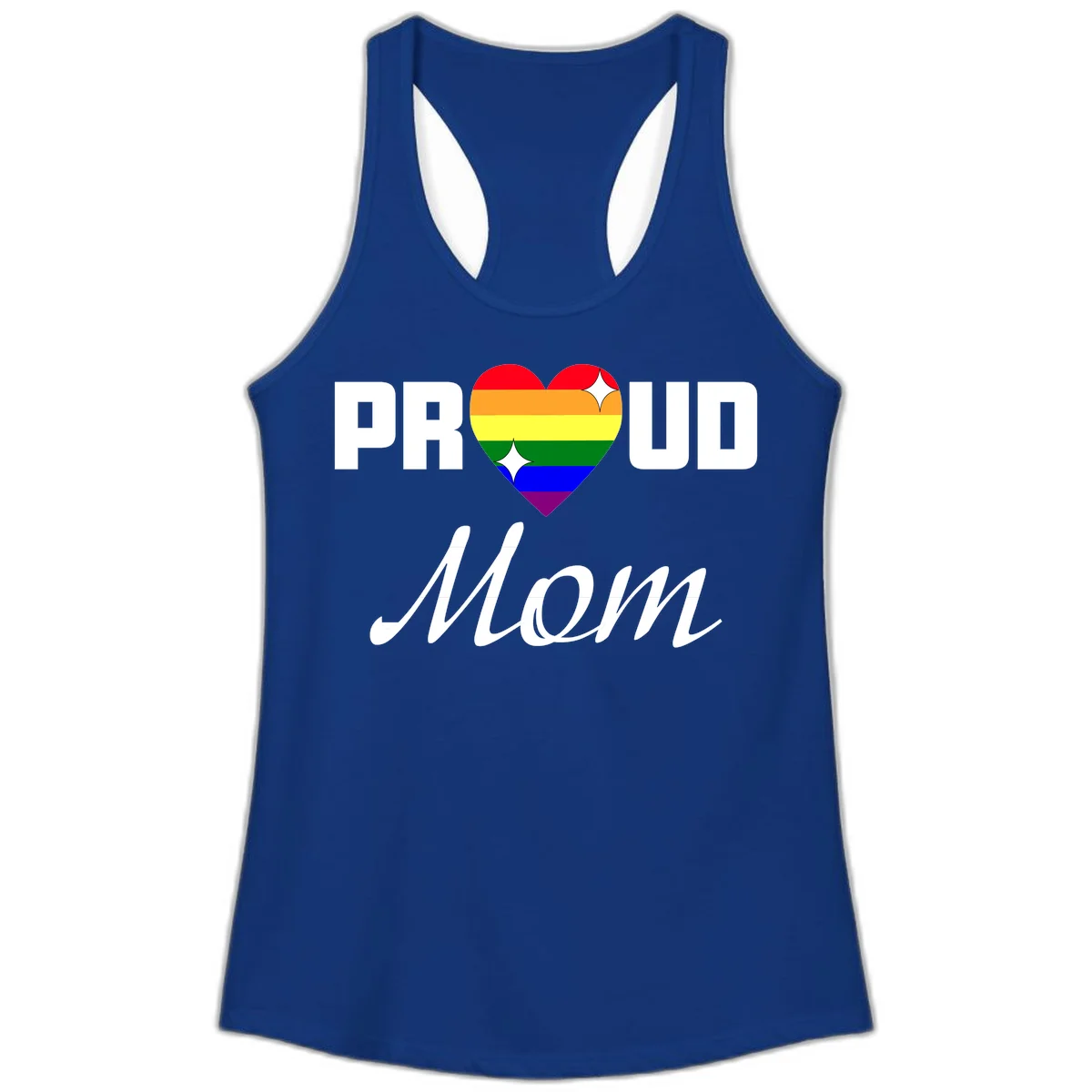 Proud Mom rainbow heart design with colorful pride flag stripes forming a heart shape and text reading Proud Mom in Solid Royal