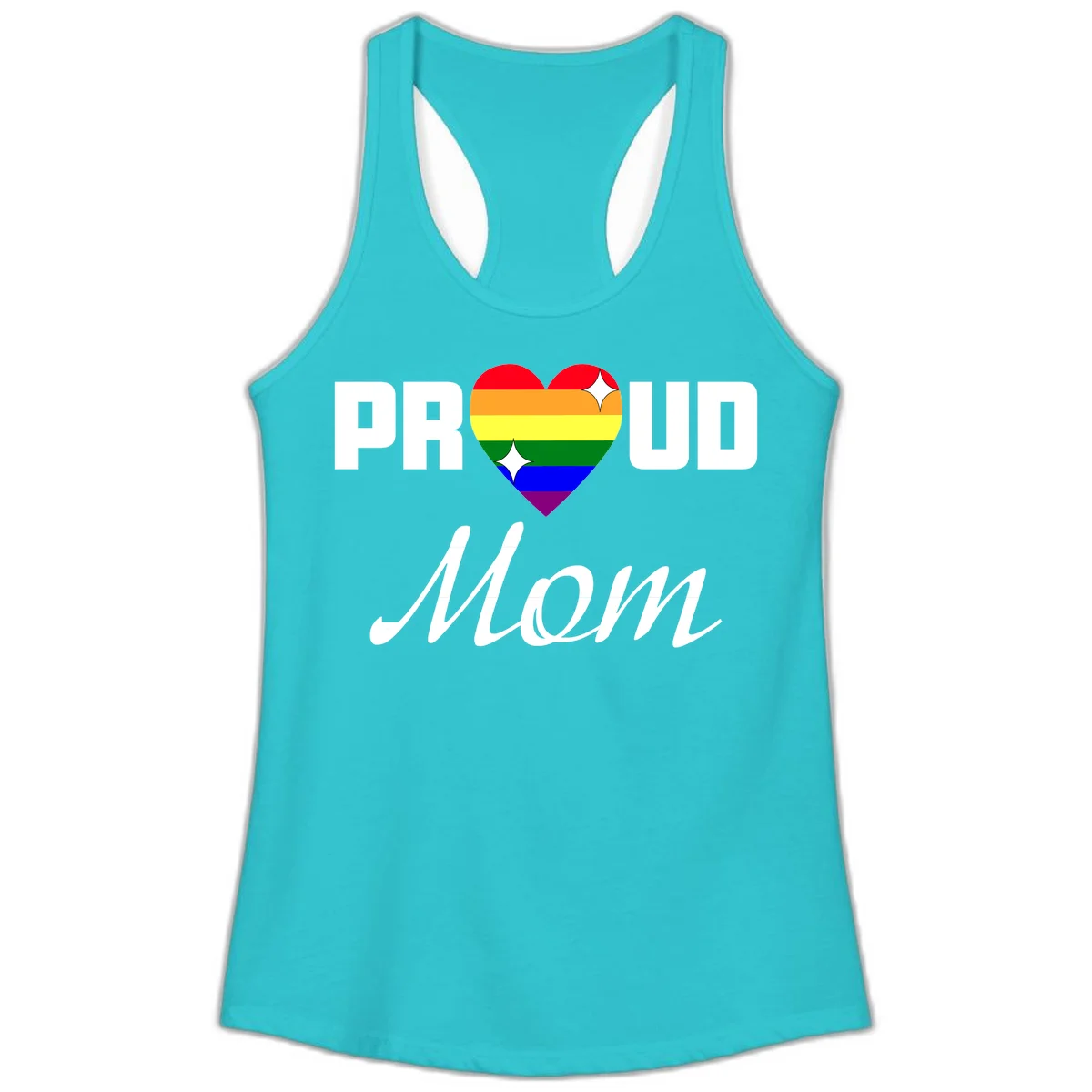Proud Mom rainbow heart design with colorful pride flag stripes forming a heart shape and text reading Proud Mom in Solid Tahiti Blue