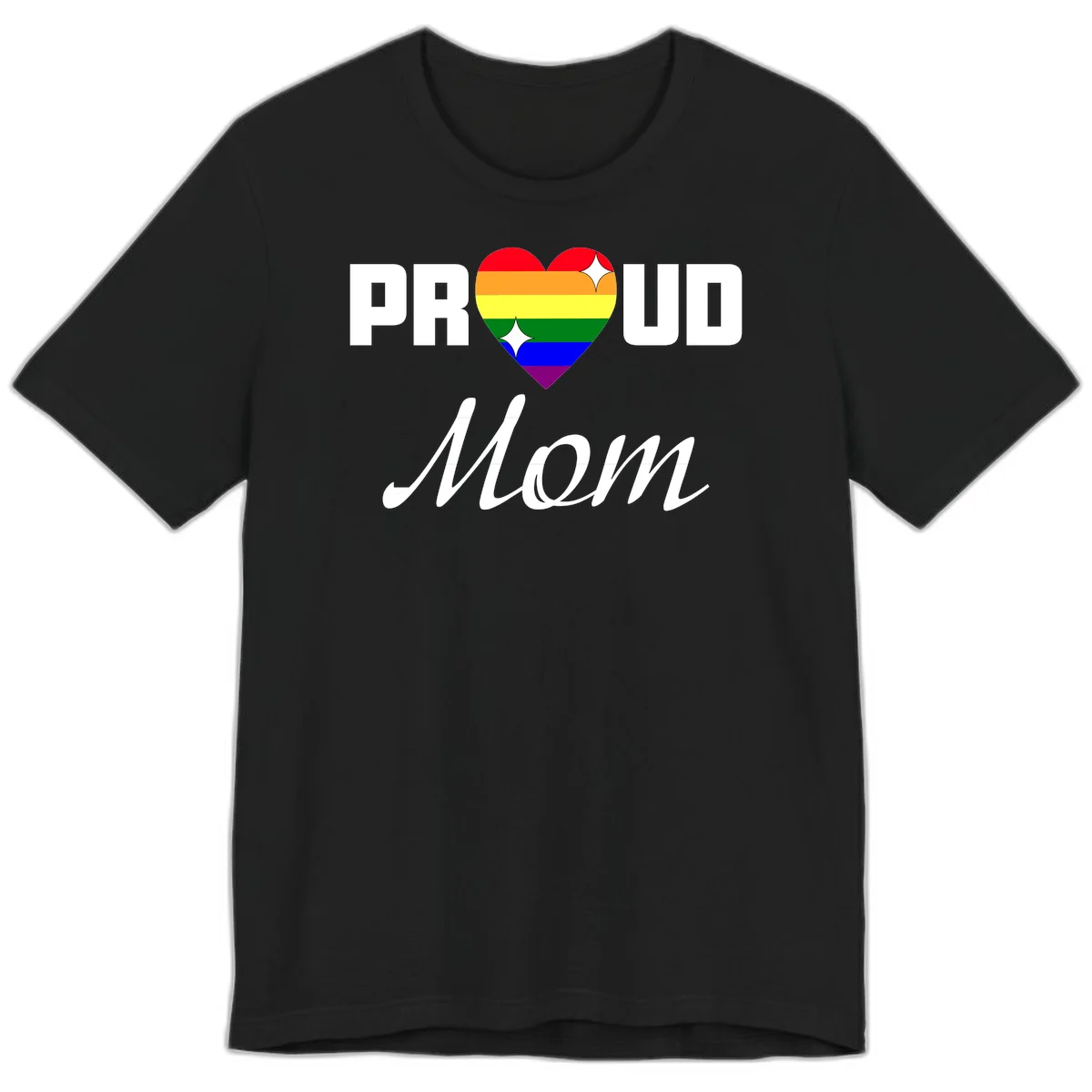 Proud Mom rainbow heart design with colorful pride flag stripes forming a heart shape and text reading Proud Mom in Black