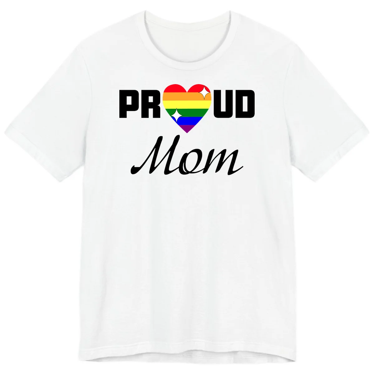 Proud Mom rainbow heart design with colorful pride flag stripes forming a heart shape and text reading Proud Mom in White