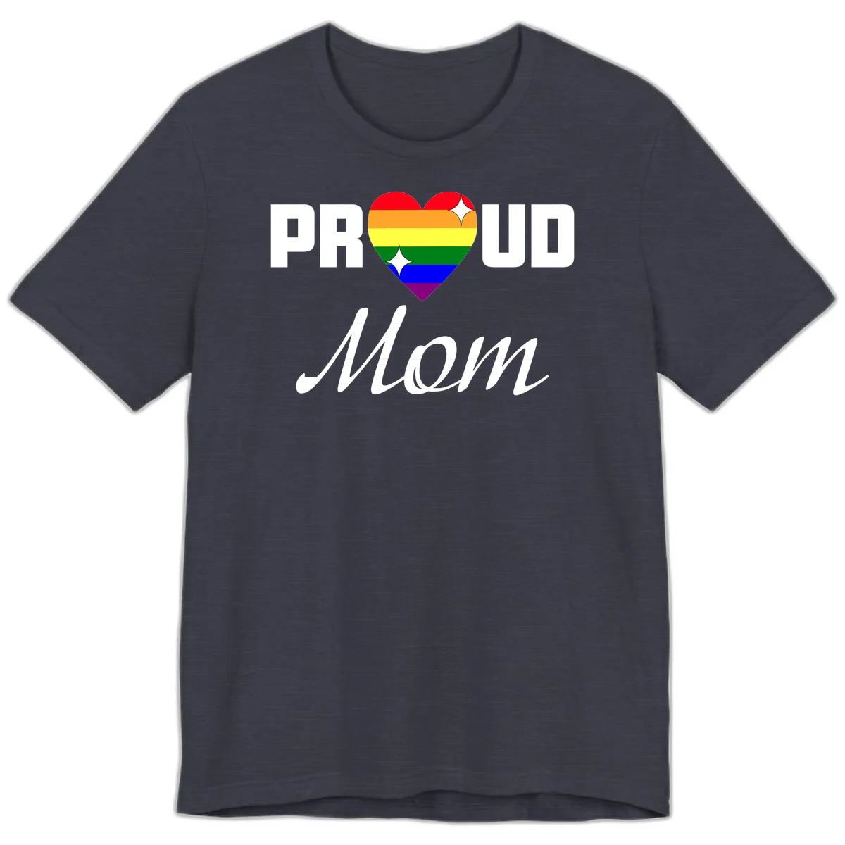 Proud Mom rainbow heart design with colorful pride flag stripes forming a heart shape and text reading Proud Mom in Heather Midnight Navy