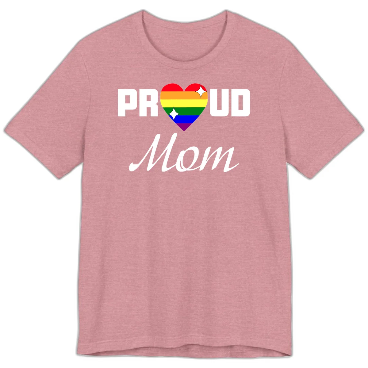 Proud Mom rainbow heart design with colorful pride flag stripes forming a heart shape and text reading Proud Mom in Heather Orchid