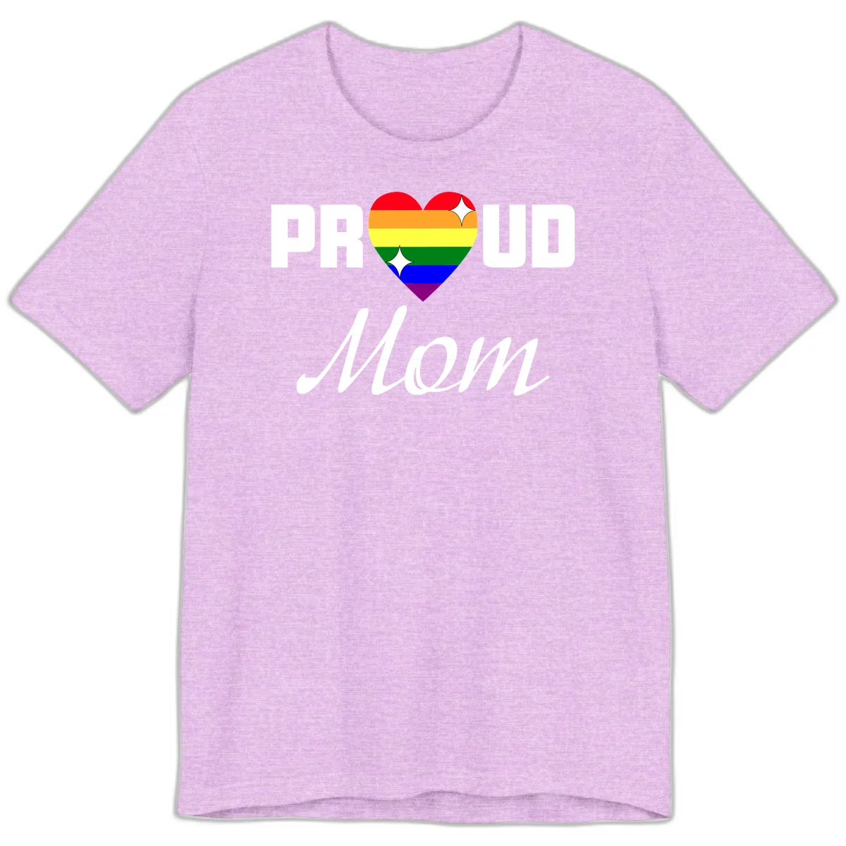 Proud Mom rainbow heart design with colorful pride flag stripes forming a heart shape and text reading Proud Mom in Heather Prism Lilac