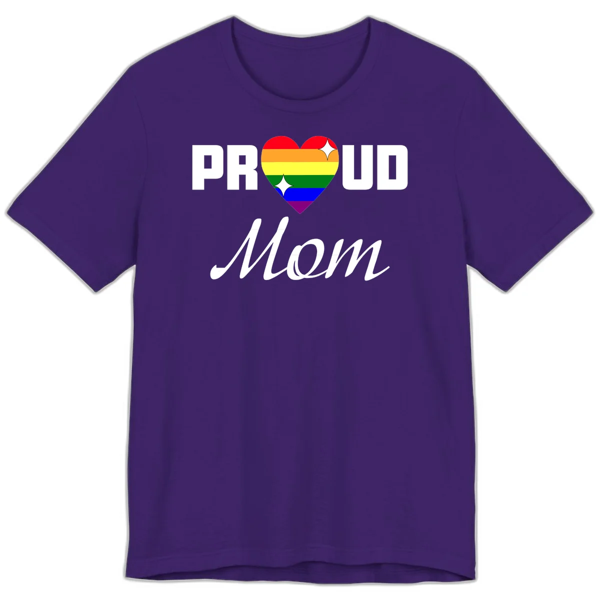 Proud Mom rainbow heart design with colorful pride flag stripes forming a heart shape and text reading Proud Mom in Team Purple