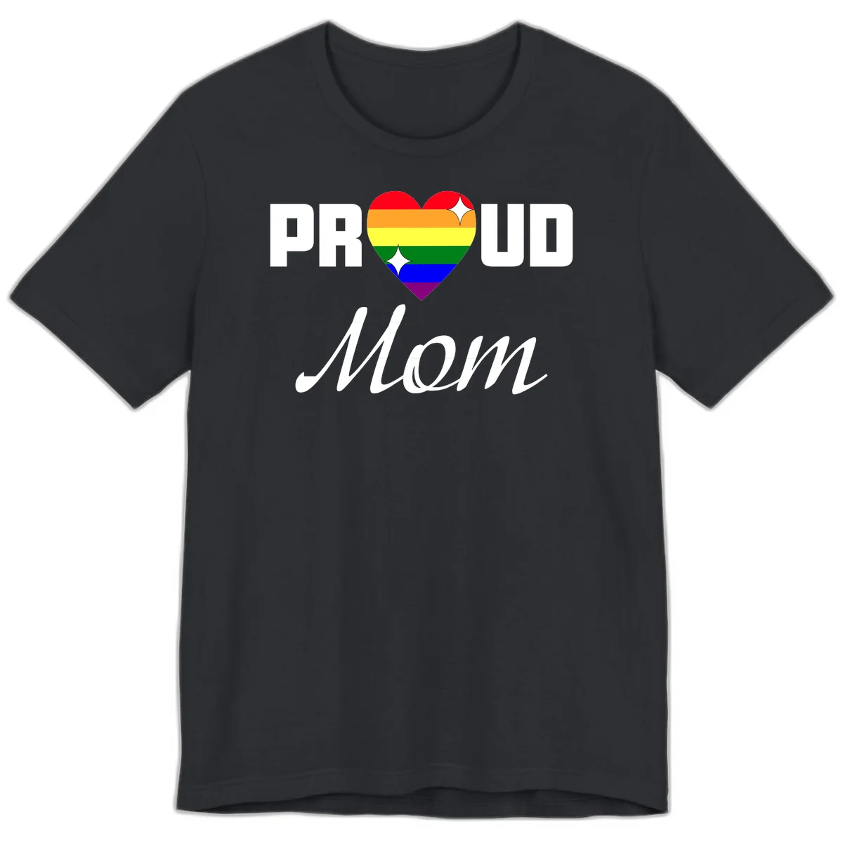Proud Mom rainbow heart design with colorful pride flag stripes forming a heart shape and text reading Proud Mom in Vintage Black