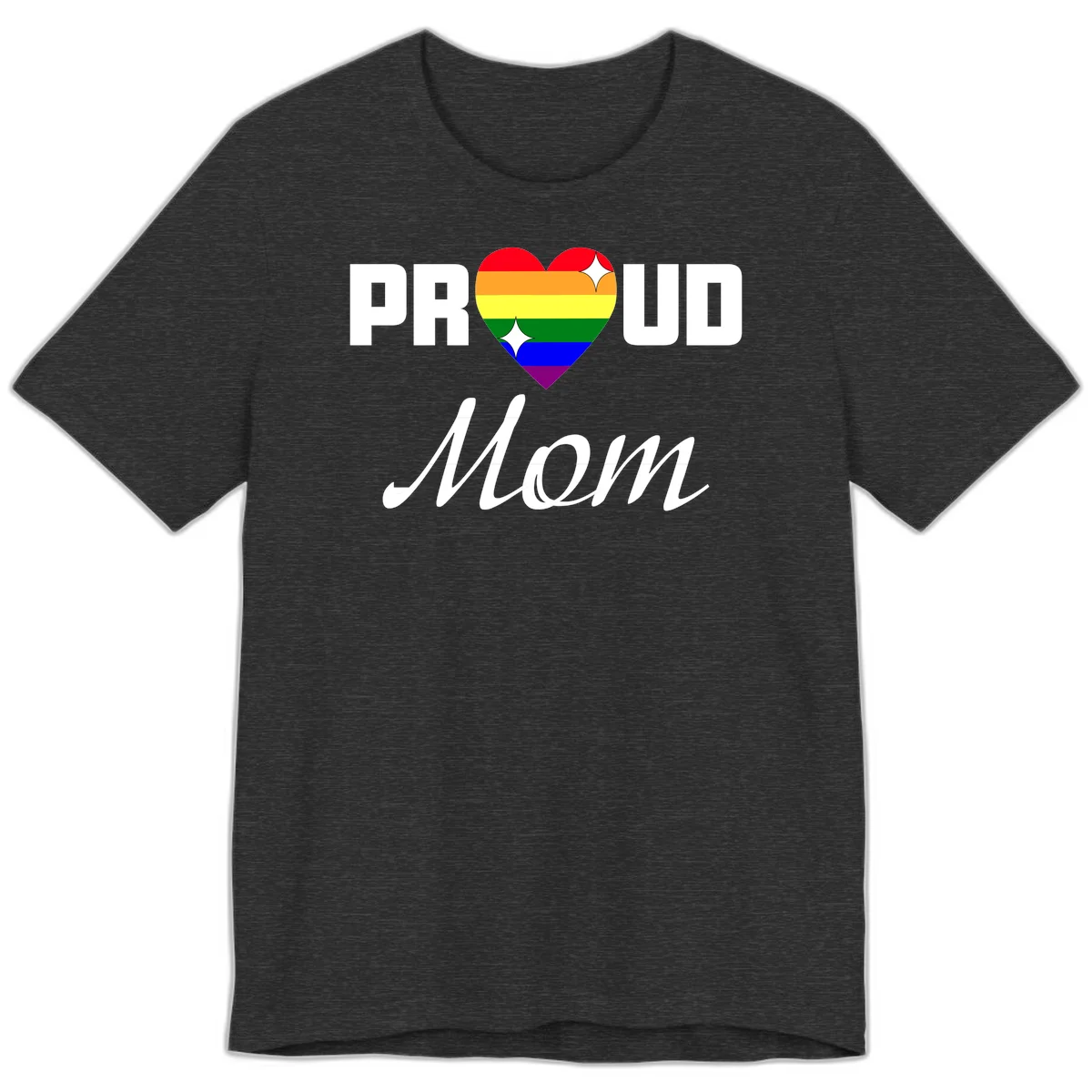 Proud Mom rainbow heart design with colorful pride flag stripes forming a heart shape and text reading Proud Mom in Dark Grey Heather