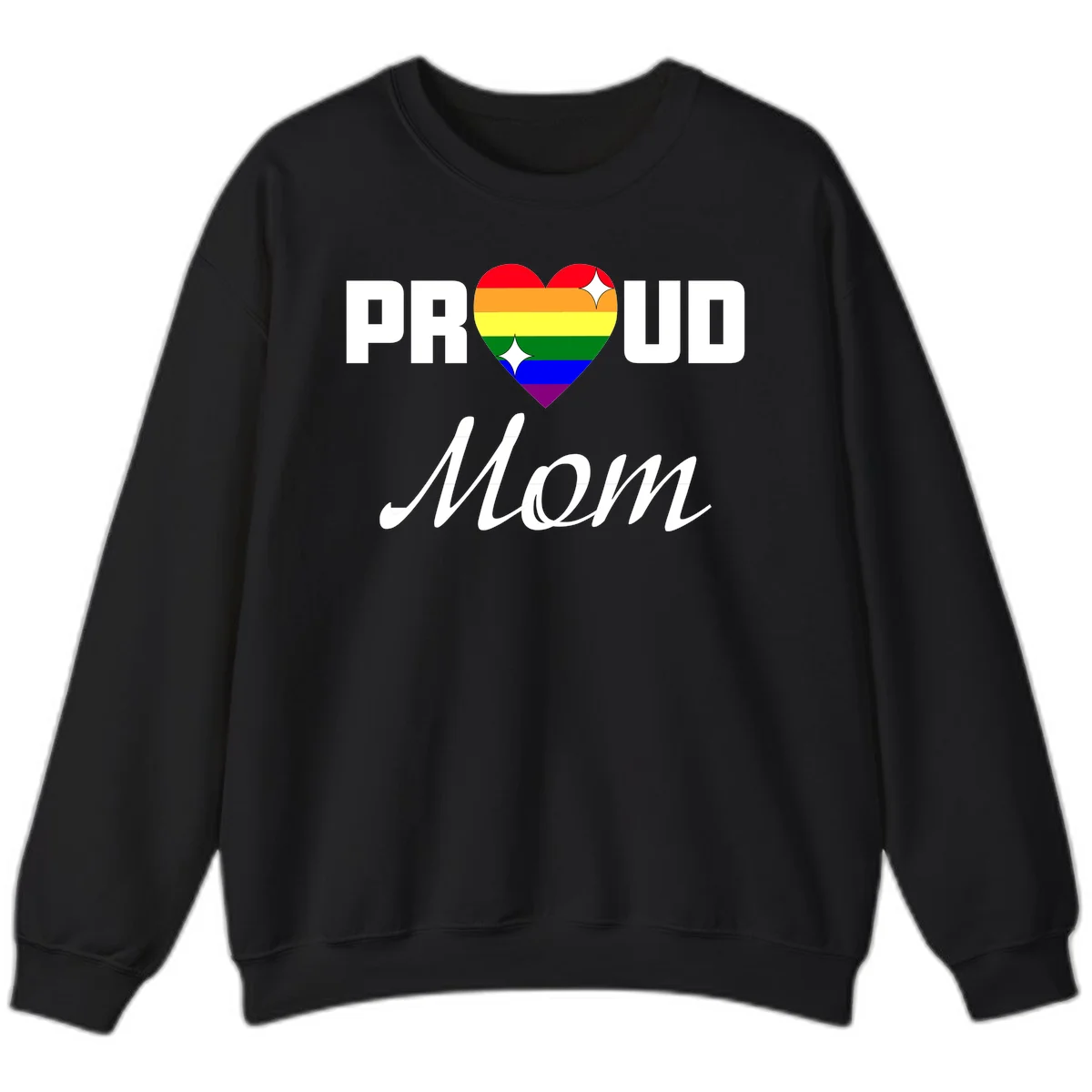 Proud Mom rainbow heart design with colorful pride flag stripes forming a heart shape and text reading Proud Mom in Black