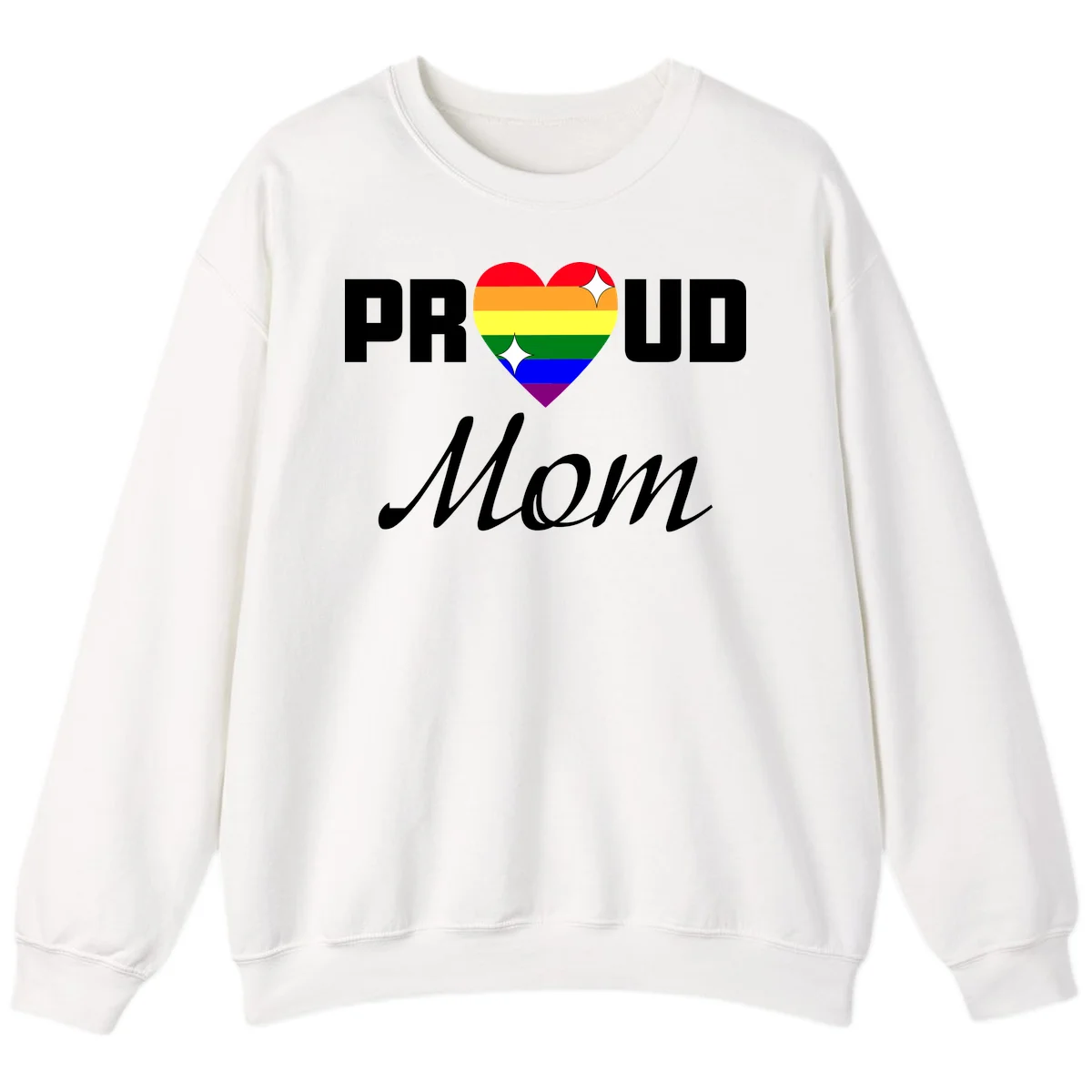 Proud Mom rainbow heart design with colorful pride flag stripes forming a heart shape and text reading Proud Mom in White