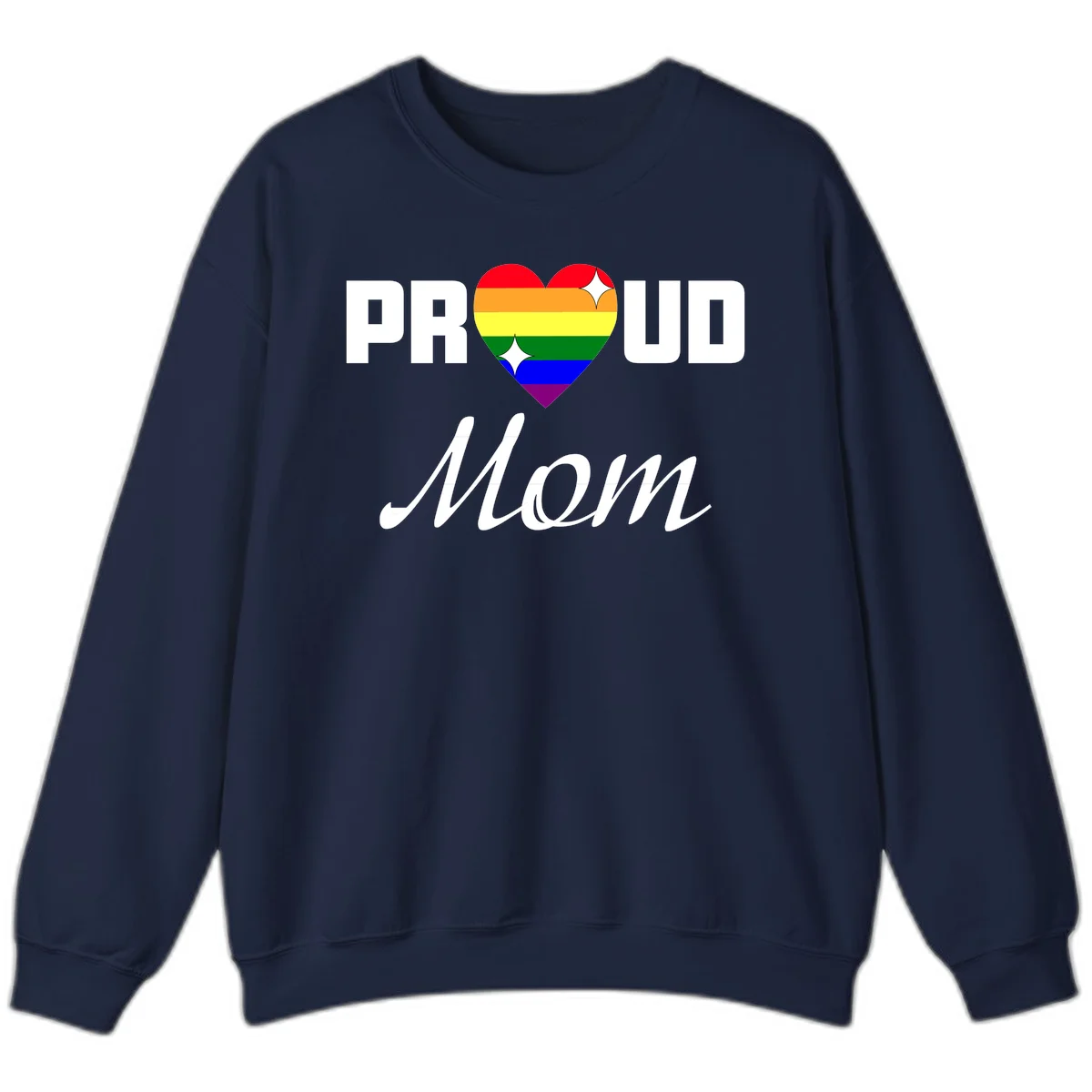 Proud Mom rainbow heart design with colorful pride flag stripes forming a heart shape and text reading Proud Mom in Navy
