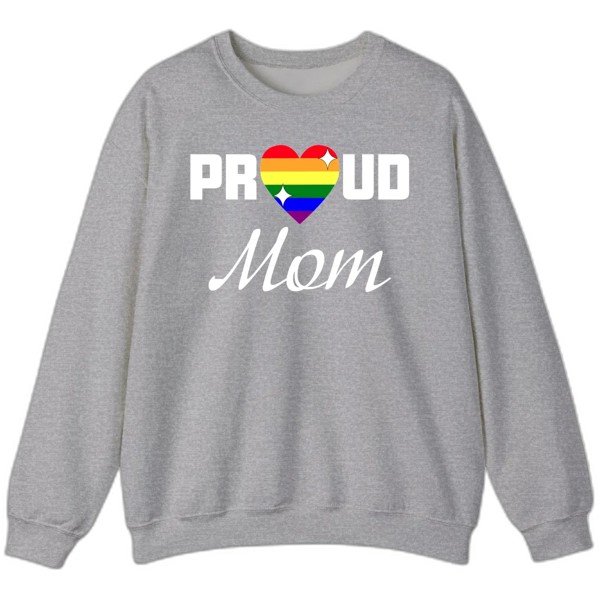 Proud Mom rainbow heart design with colorful pride flag stripes forming a heart shape and text reading Proud Mom in Sport Grey
