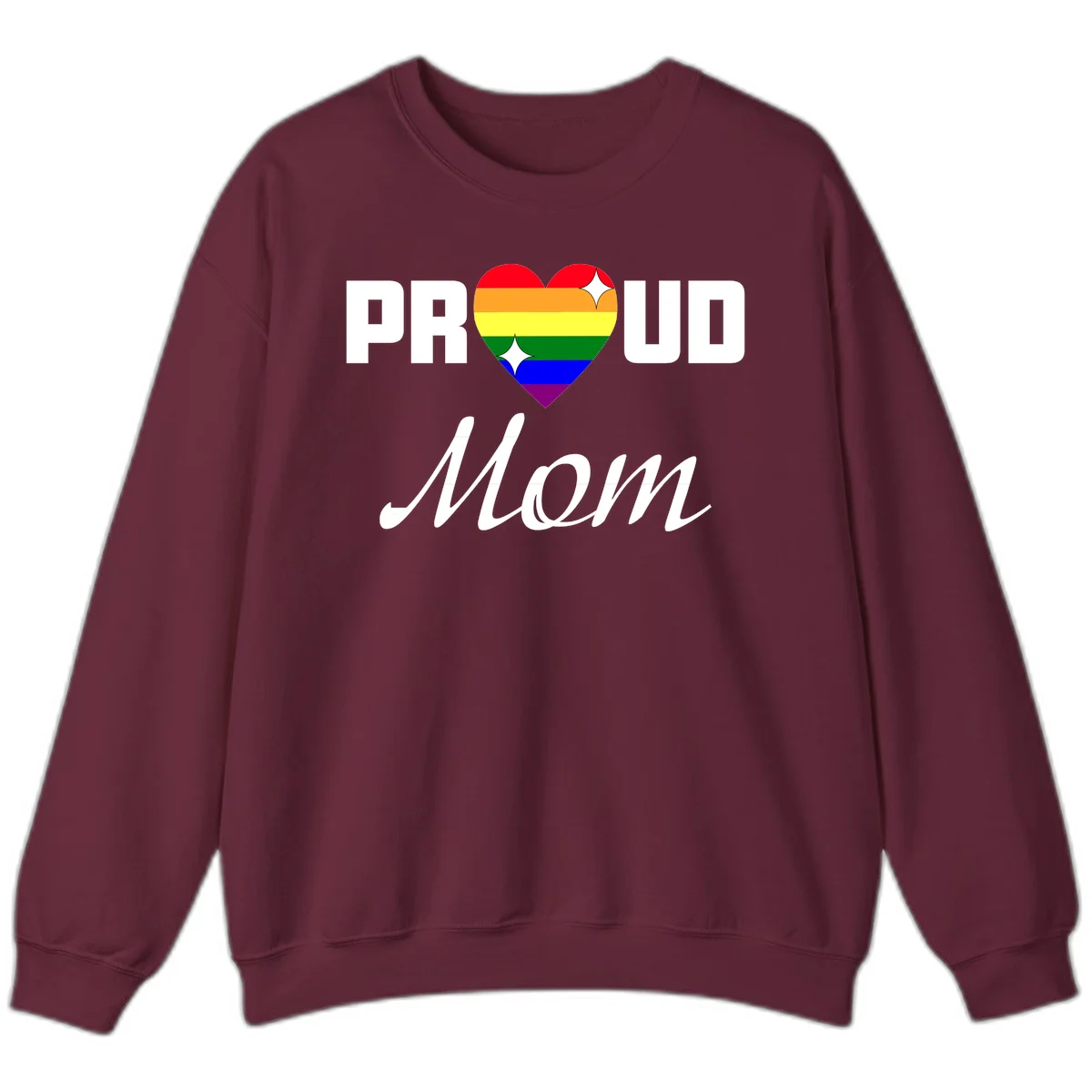 Proud Mom rainbow heart design with colorful pride flag stripes forming a heart shape and text reading Proud Mom in Maroon