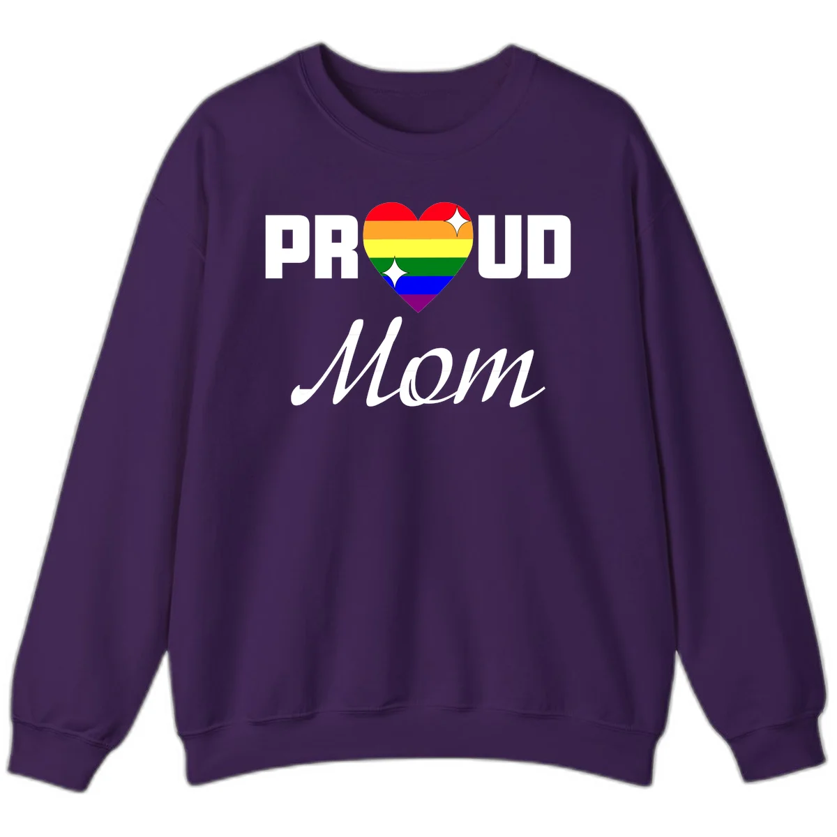 Proud Mom rainbow heart design with colorful pride flag stripes forming a heart shape and text reading Proud Mom in Purple