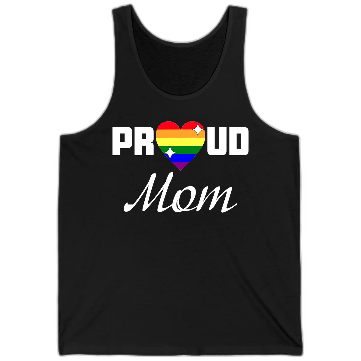 Proud Mom rainbow heart design with colorful pride flag stripes forming a heart shape and text reading Proud Mom in Black