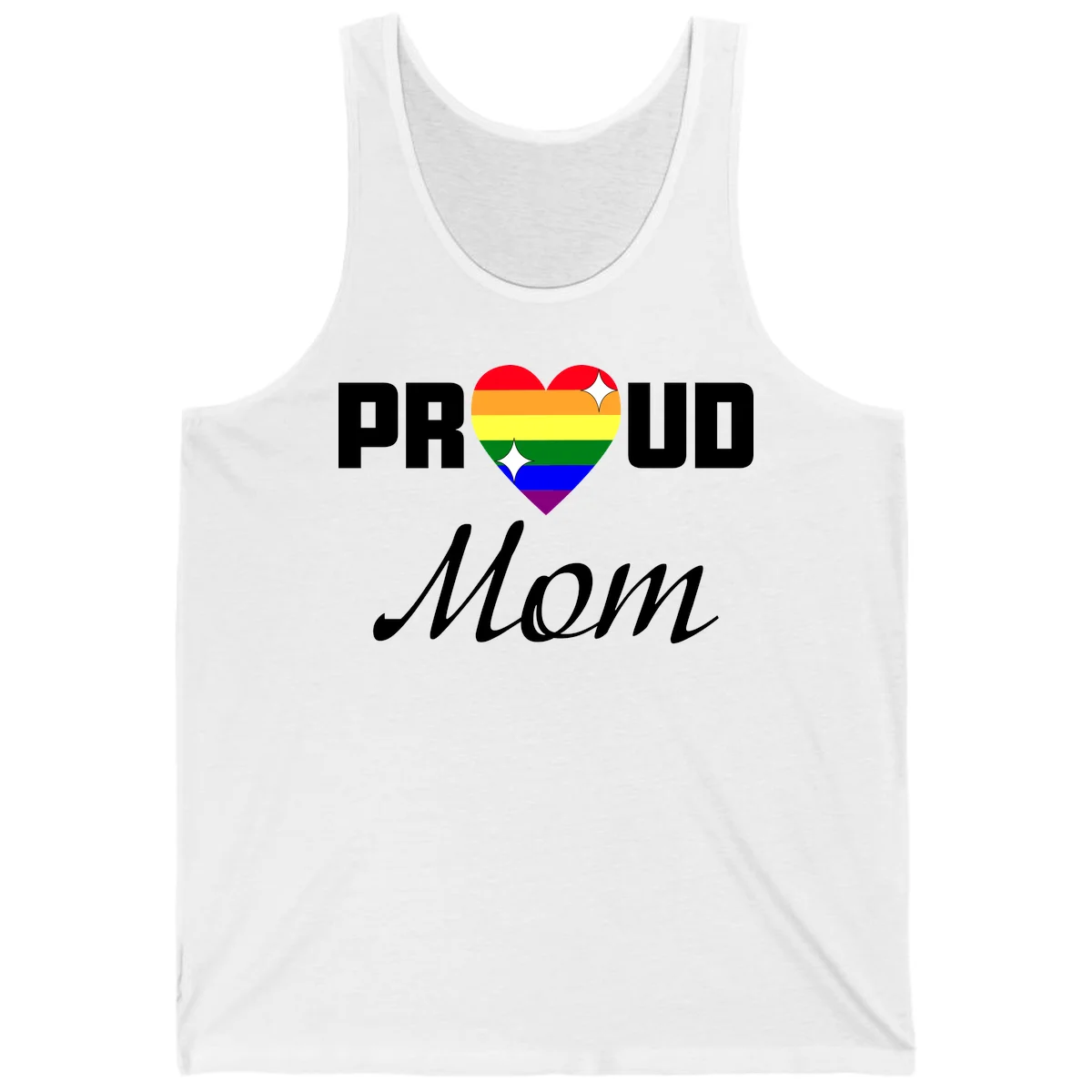 Proud Mom rainbow heart design with colorful pride flag stripes forming a heart shape and text reading Proud Mom in White