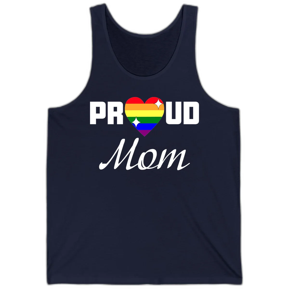 Proud Mom rainbow heart design with colorful pride flag stripes forming a heart shape and text reading Proud Mom in Navy
