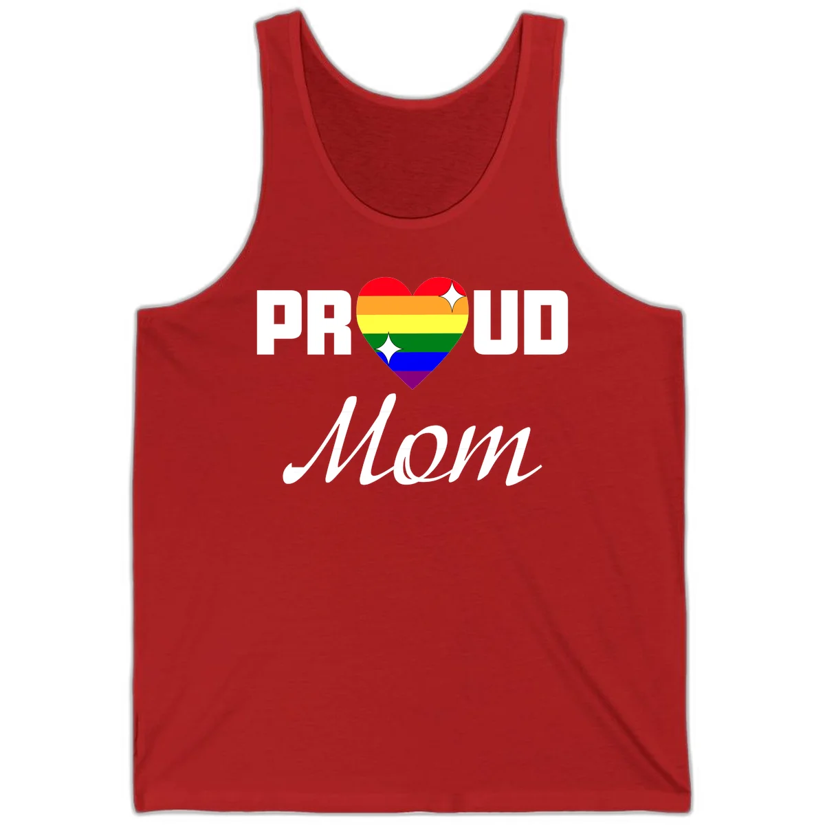 Proud Mom rainbow heart design with colorful pride flag stripes forming a heart shape and text reading Proud Mom in Red
