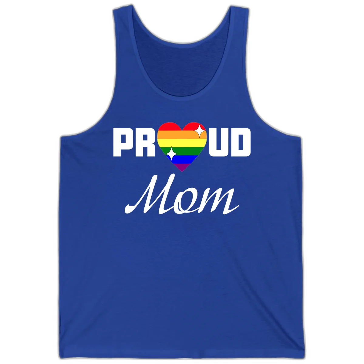 Proud Mom rainbow heart design with colorful pride flag stripes forming a heart shape and text reading Proud Mom in True Royal