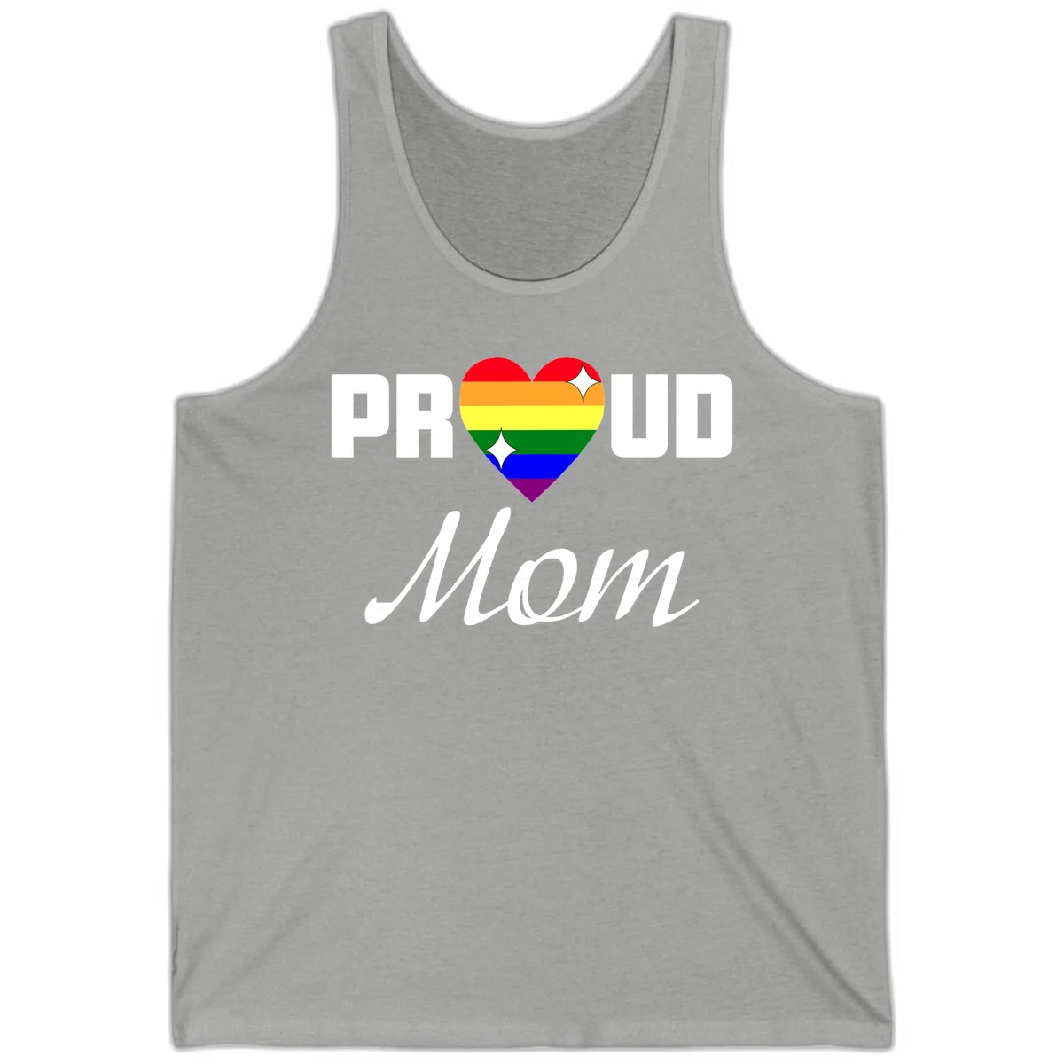 Proud Mom rainbow heart design with colorful pride flag stripes forming a heart shape and text reading Proud Mom in Athletic Heather