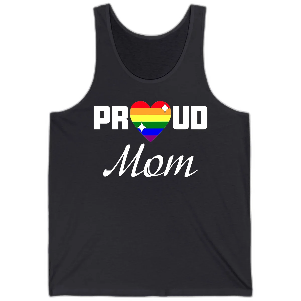 Proud Mom rainbow heart design with colorful pride flag stripes forming a heart shape and text reading Proud Mom in Dark Grey