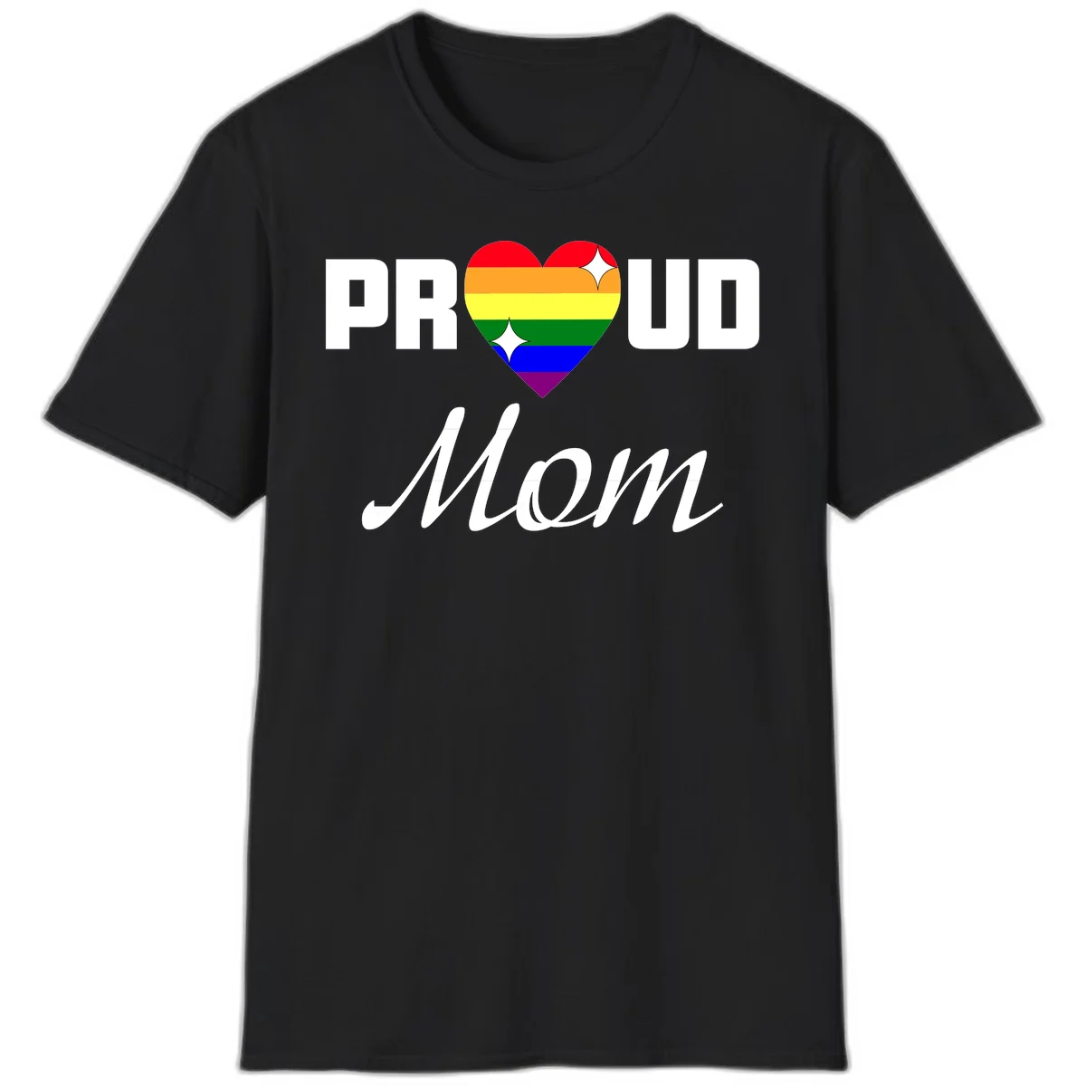 Proud Mom rainbow heart design with colorful pride flag stripes forming a heart shape and text reading Proud Mom in Black