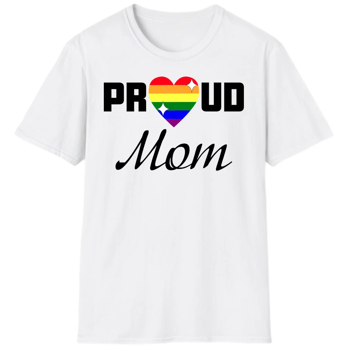 Proud Mom rainbow heart design with colorful pride flag stripes forming a heart shape and text reading Proud Mom in White