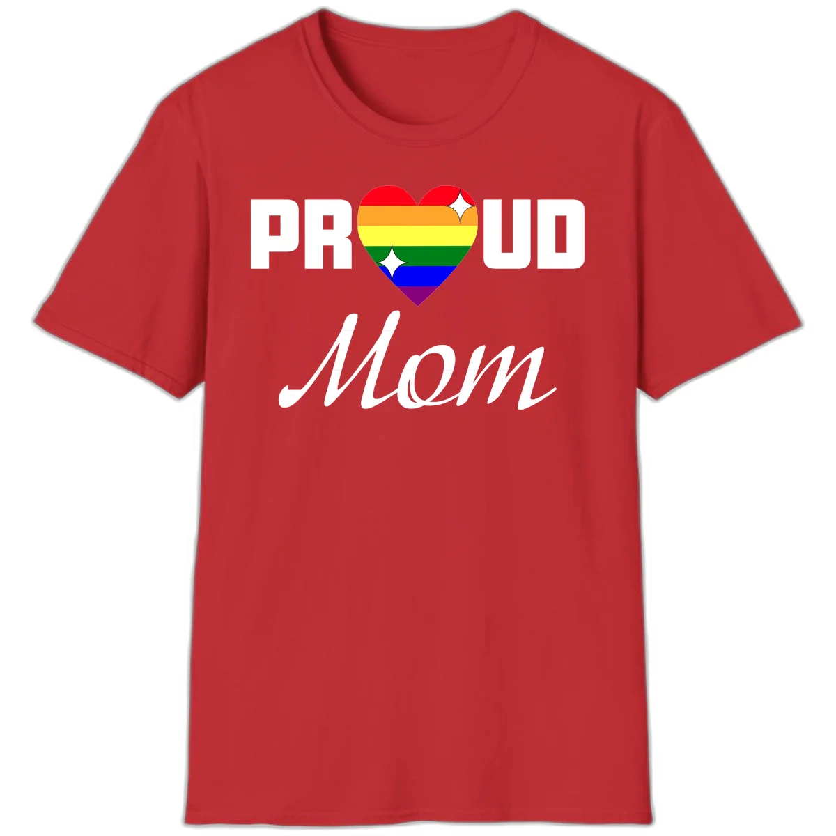 Proud Mom rainbow heart design with colorful pride flag stripes forming a heart shape and text reading Proud Mom in Red