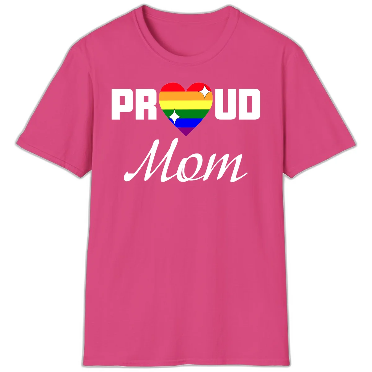 Proud Mom rainbow heart design with colorful pride flag stripes forming a heart shape and text reading Proud Mom in Heliconia