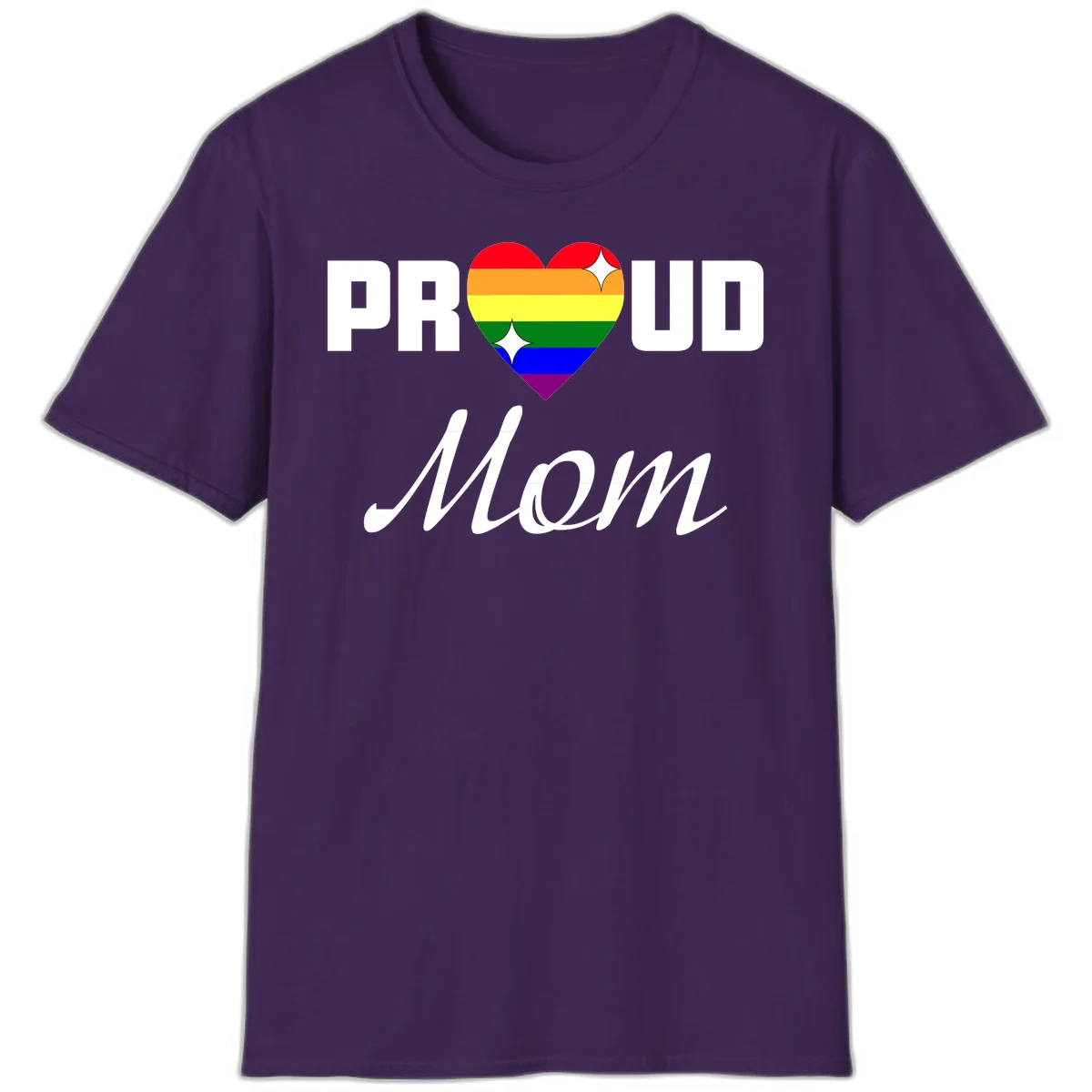 Proud Mom rainbow heart design with colorful pride flag stripes forming a heart shape and text reading Proud Mom in Purple