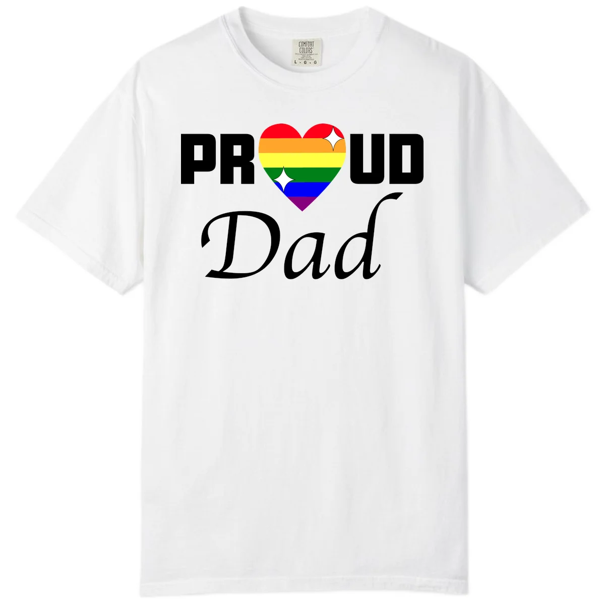 Proud Dad rainbow heart design with vibrant pride flag colors in heart shape and white text in White
