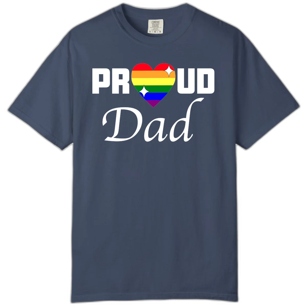 Proud Dad rainbow heart design with vibrant pride flag colors in heart shape and white text in Midnight