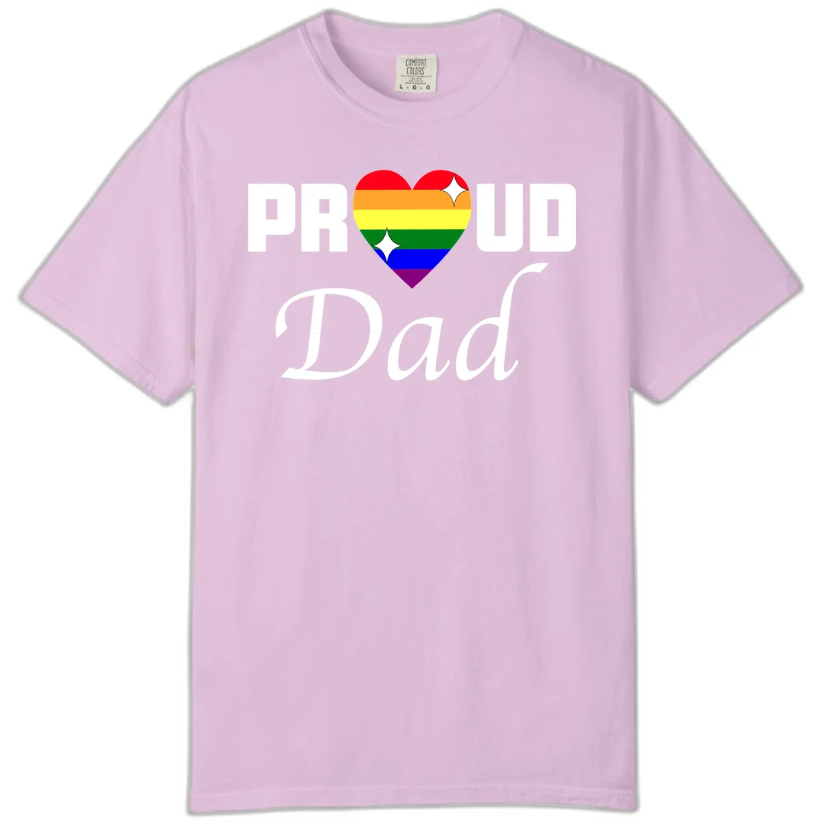 Proud Dad rainbow heart design with vibrant pride flag colors in heart shape and white text in Orchid