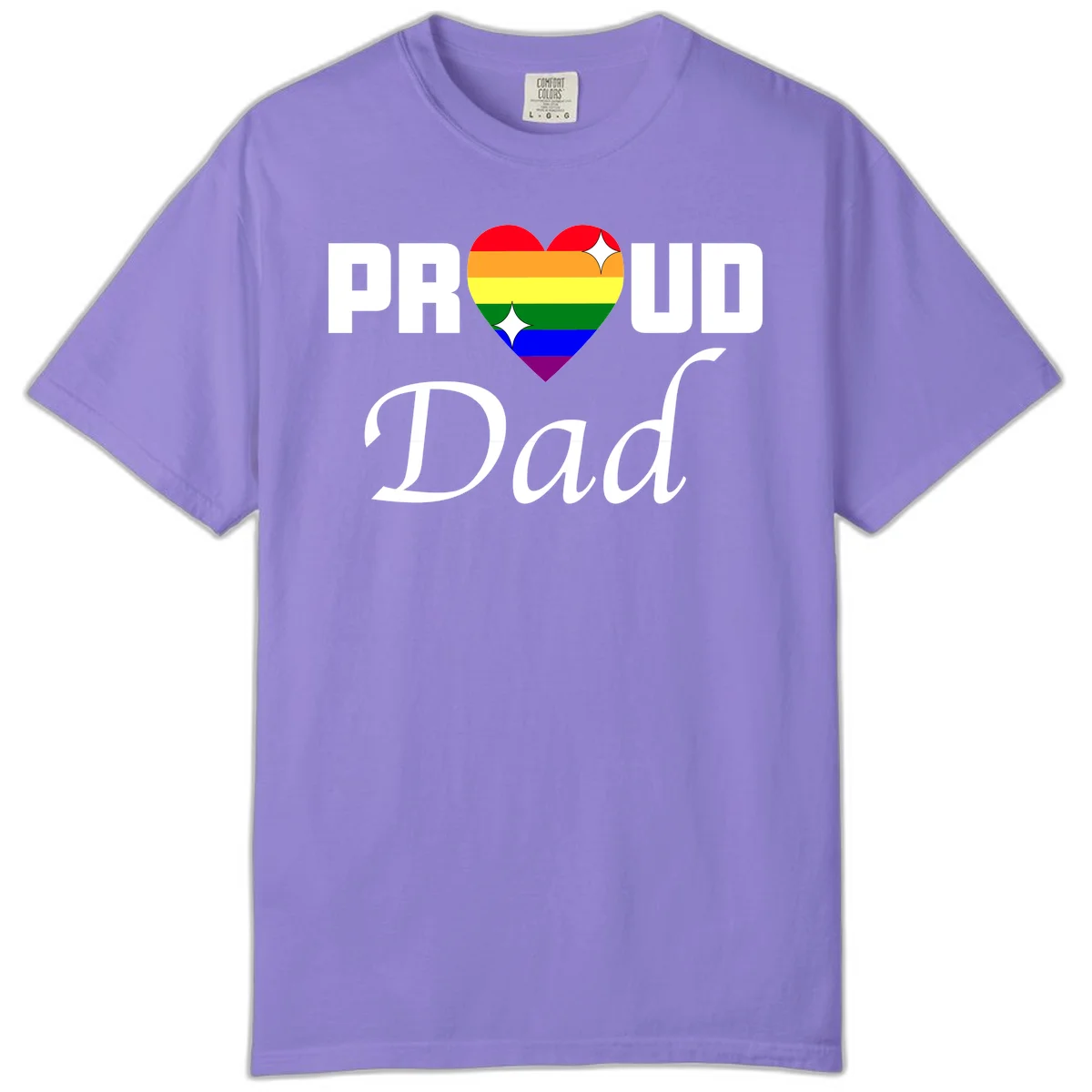 Proud Dad rainbow heart design with vibrant pride flag colors in heart shape and white text in Violet