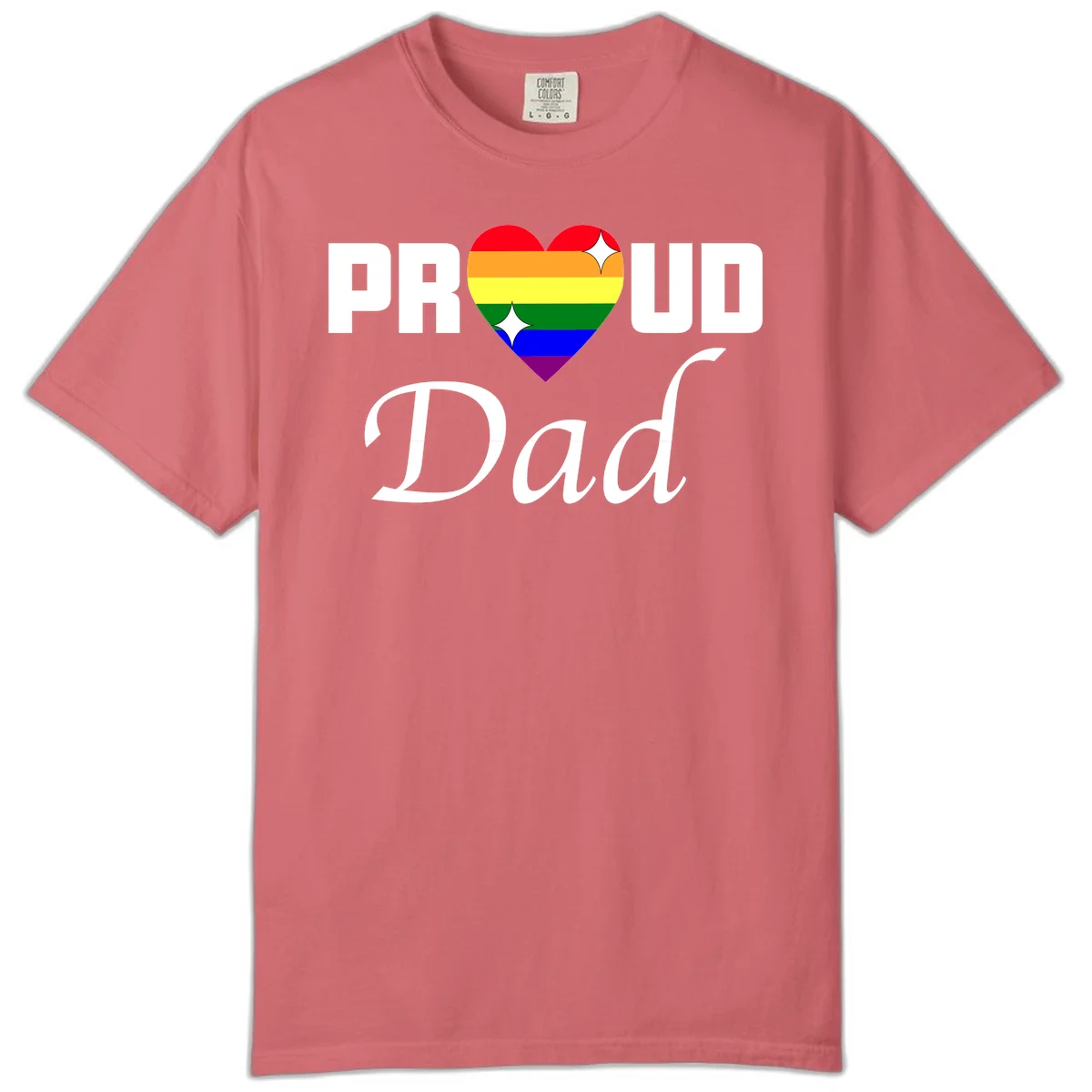 Proud Dad rainbow heart design with vibrant pride flag colors in heart shape and white text in Watermelon