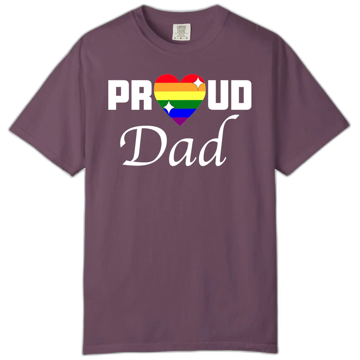 Proud Dad rainbow heart design with vibrant pride flag colors in heart shape and white text in Berry