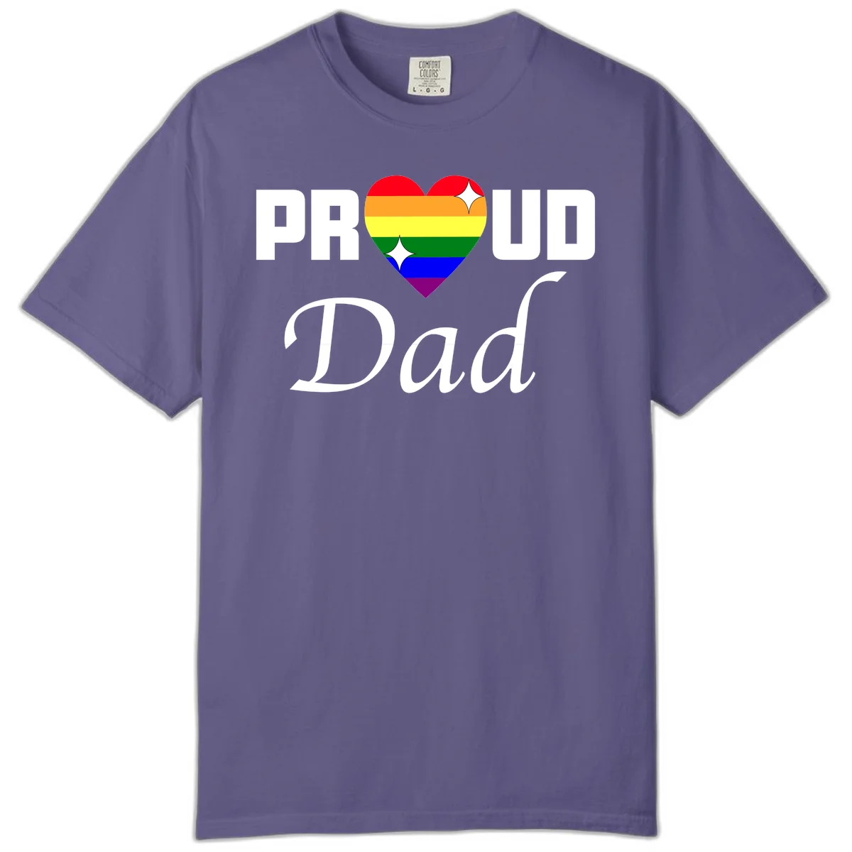 Proud Dad rainbow heart design with vibrant pride flag colors in heart shape and white text in Grape