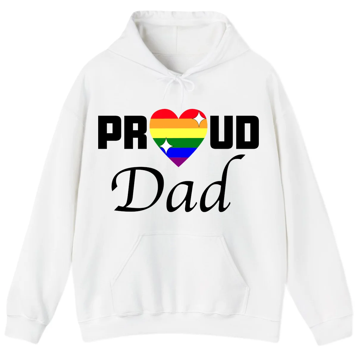 Proud Dad rainbow heart design with vibrant pride flag colors in heart shape and white text in White
