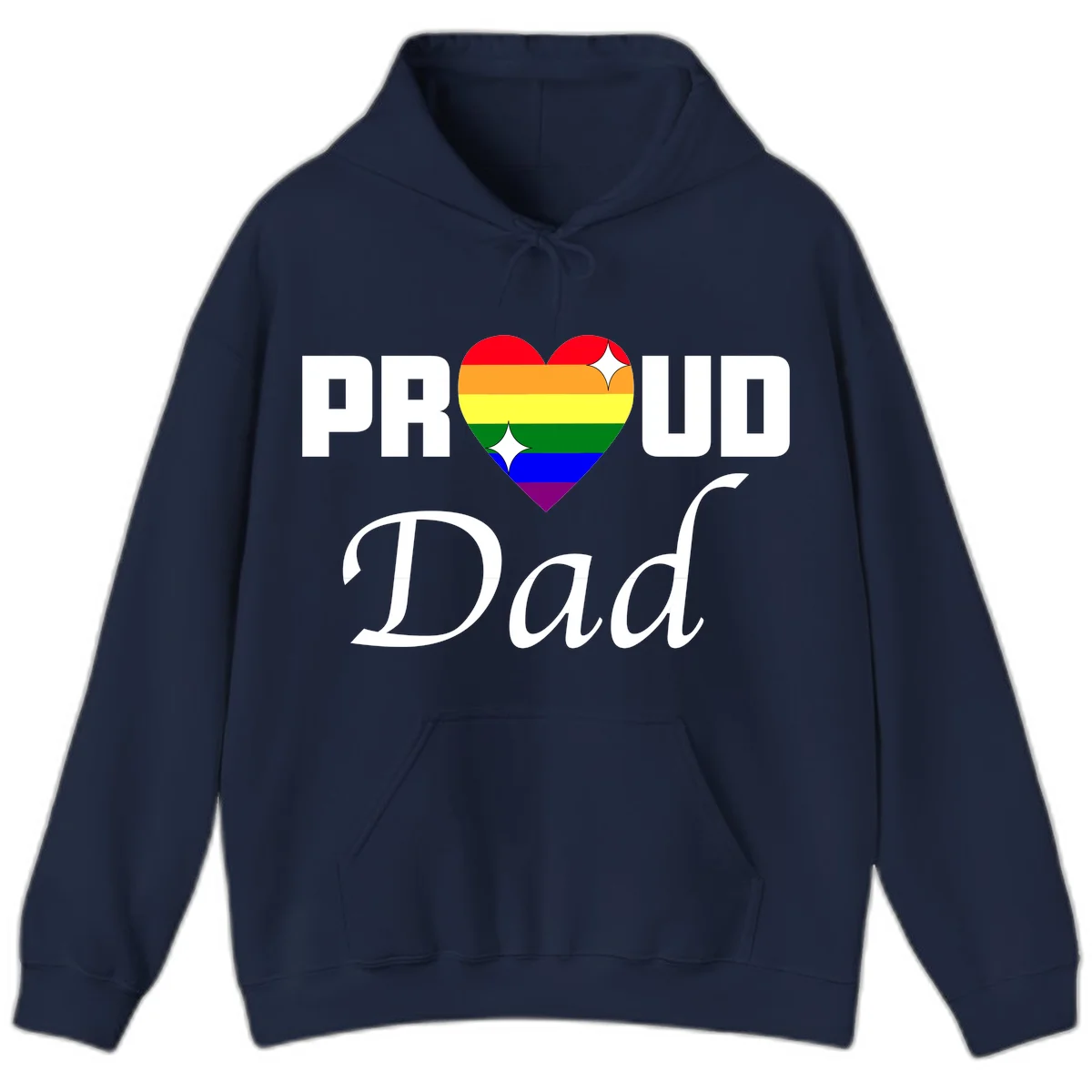 Proud Dad rainbow heart design with vibrant pride flag colors in heart shape and white text in Navy