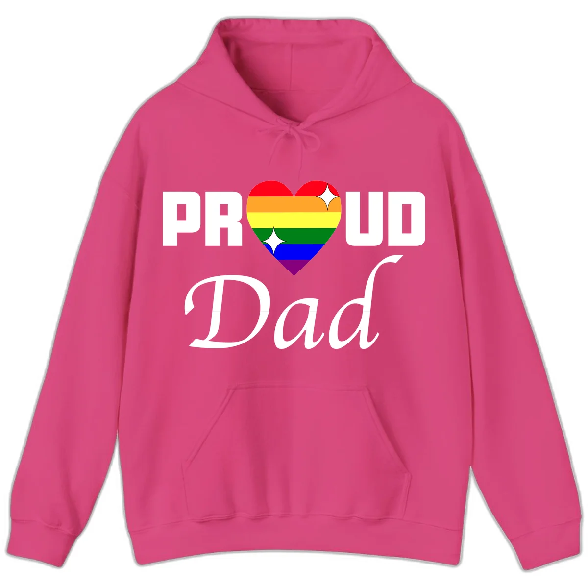 Proud Dad rainbow heart design with vibrant pride flag colors in heart shape and white text in Heliconia