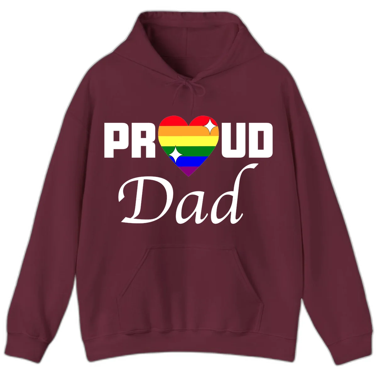Proud Dad rainbow heart design with vibrant pride flag colors in heart shape and white text in Maroon