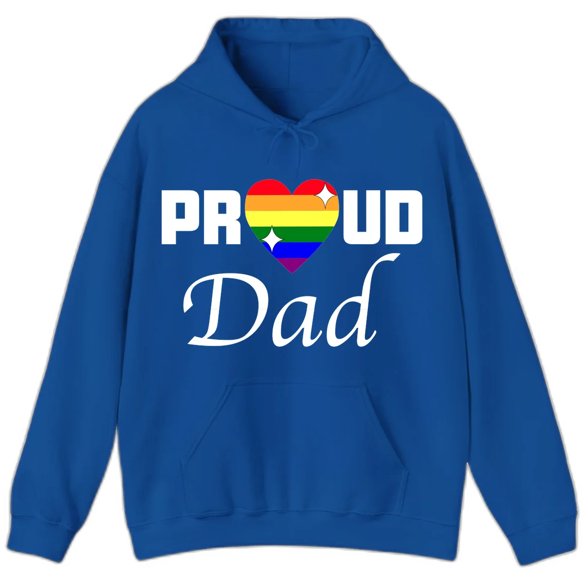 Proud Dad rainbow heart design with vibrant pride flag colors in heart shape and white text in Royal