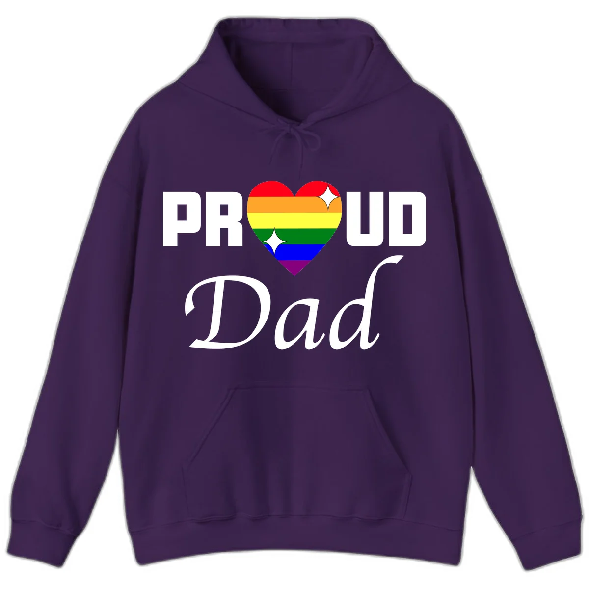Proud Dad rainbow heart design with vibrant pride flag colors in heart shape and white text in Purple